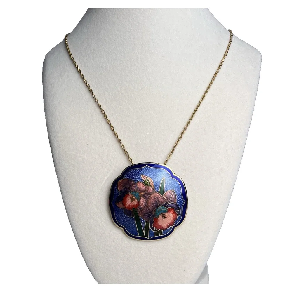 Vintage Cloisonné Style Enamel Floral Pendant Necklace Gold Tone Art Deco Look